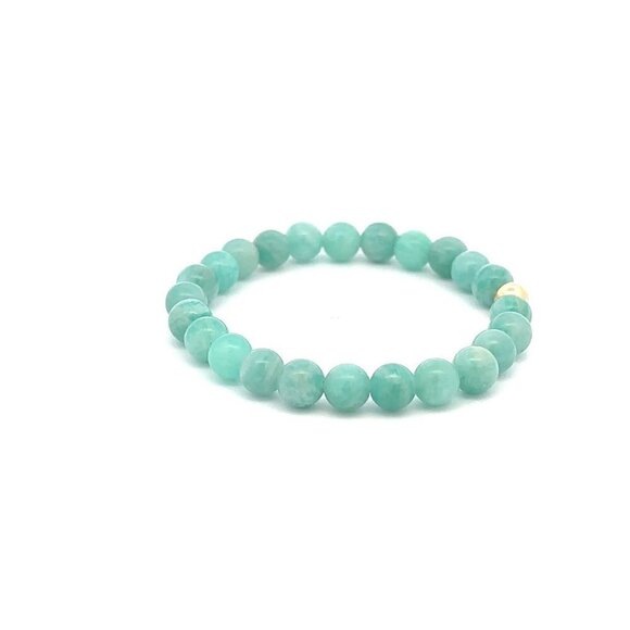 Natural Amazonite Peru 6mm Stretchable Bracelet 18k Gold Bead Charm - Picture 4 of 5